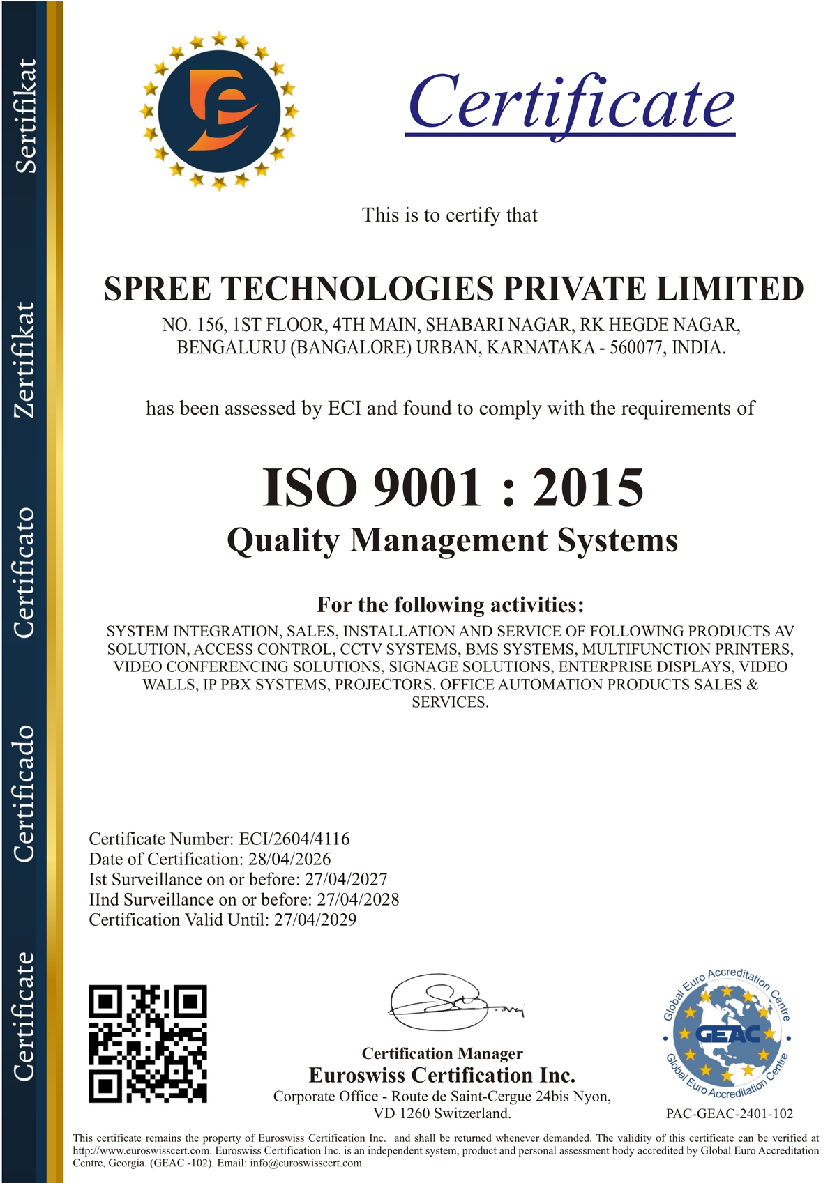 Spree Technologies ISO 9001:2015 certificate
